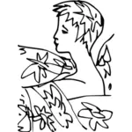짧은 머리 여자의 이미지는 나뭇잎과 꽃으로 덮여