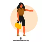 Femeie autostopist care călătorește cu o geantă