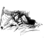 Pelokas äiti ja lapsi sängyn vektorikuvassa