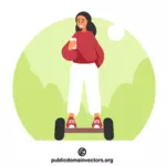 Menina em um hoverboard com um smartphone