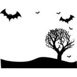 Illustrazione vettoriale di paesaggio con albero e pipistrelli