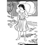 Vektor ilustrasi wanita dalam gaun tropis di pulau