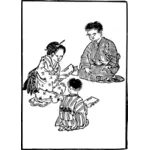 Familie japoneză clasică îngenuncheat pe podea grafica