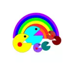 Pacman family in front of a rainbow vector clip art