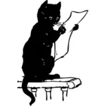 Vektorikuva mustasta kissasta lukemassa paperia