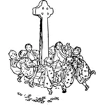 Kids dancing around the Celtic cross vector drawing