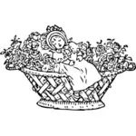 Ilustração em vetor de bebê numa cesta de rosa