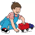 صبي يلعب مع لعبة شاحنة ناقلات الرسم