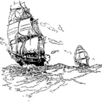 Twee oude zeilboten vector op zee illustratie