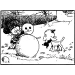 Jong geitje maakt een sneeuwpop tegenover een lam vectorillustratie