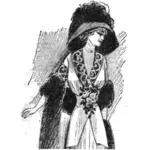 امرأة فستان الأزهار مع قبعة كبيرة