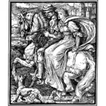 Žena a muž na koni černá a bílá kresba