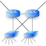 Graphiques vectoriels de diagramme de réseau avec deux routeurs et commutateurs de deux