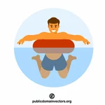 رجل في الماء مع حلقة سباحة