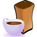 Vector afbeelding van paarse kopje koffie met zak van koffie bonen