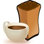 Vector afbeelding van beige kopje koffie met zak van koffie bonen