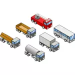 Vector image of four trucks, a bus and a firefighter truck