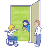 Niño con discapacidad frente a dibujo vectorial de despensa de comida