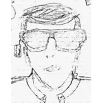 Pencil drawing of a guy trying on sunglasses