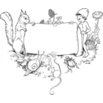 Desenho de crianças e animais de madeira segurando um noticeboard vetorial
