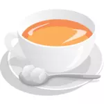 Vektorové ilustrace šálek čaje podávané na talířek s cukrem a lžící
