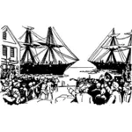 Vector tekening van oude schepen in de haven van Boston