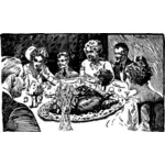 Vektorový obrázek rodiny a hosty kolem stolu pro díkůvzdání