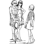 Vectorul ilustrare de artă linie de trei tineri doamnelor pe chat, pe trotuar
