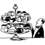 Waiter next to selection of cakes vector illustration