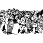Vector drawing of crowd playing trumpet in street