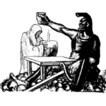 Ilustração da figura de guerreiro, sentado sobre uma pilha de crânios