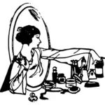 Vektorritning kvinna plocka en parfym på smink bord