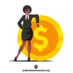 Geschäftsfrau mit einer riesigen Dollarmünze